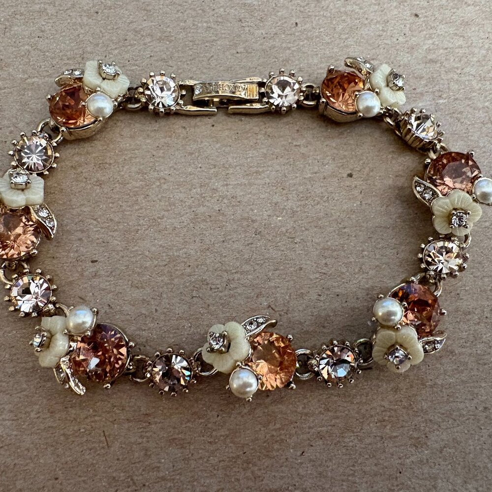 Marchesa gold metal & rose diamante floral bracelet NWOT